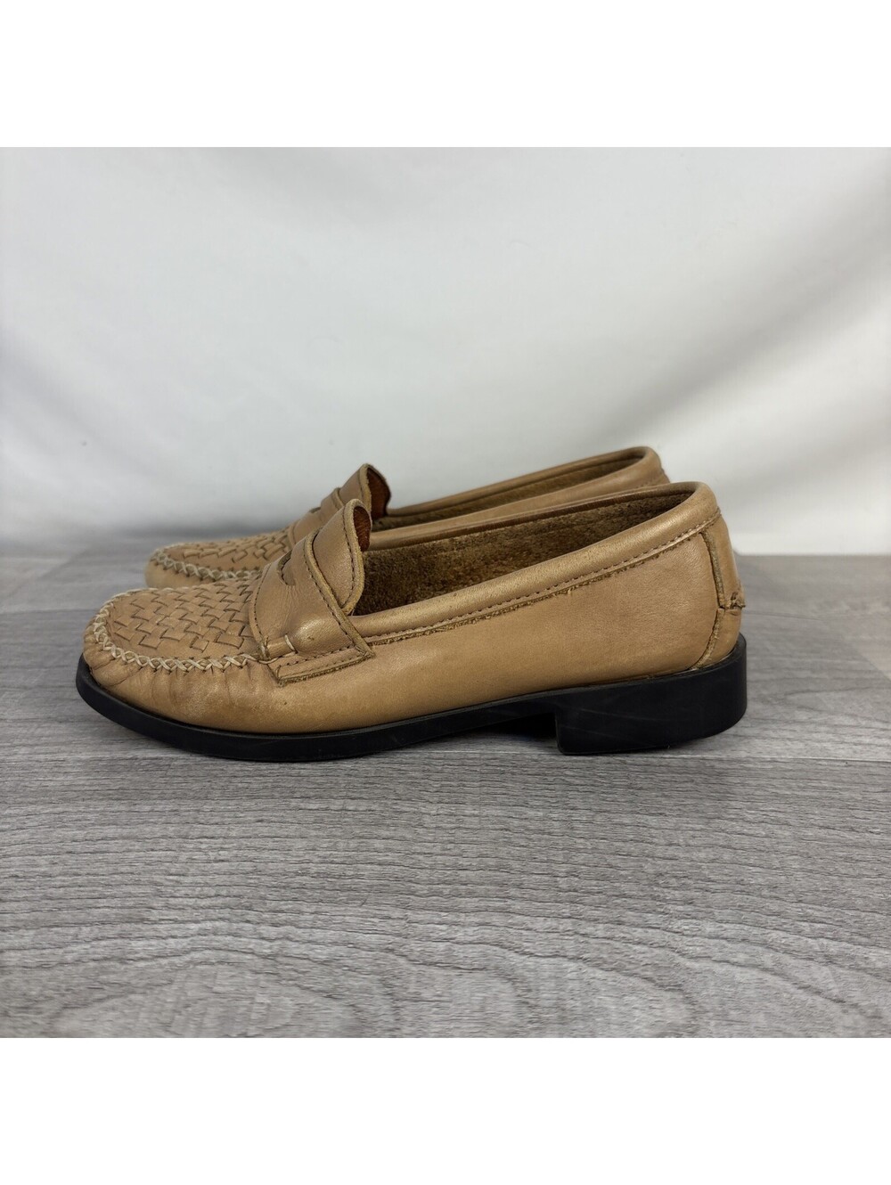 Vintage Dexter USA Women's 5.5 M Woven Leather Loafers Tan Slip On
